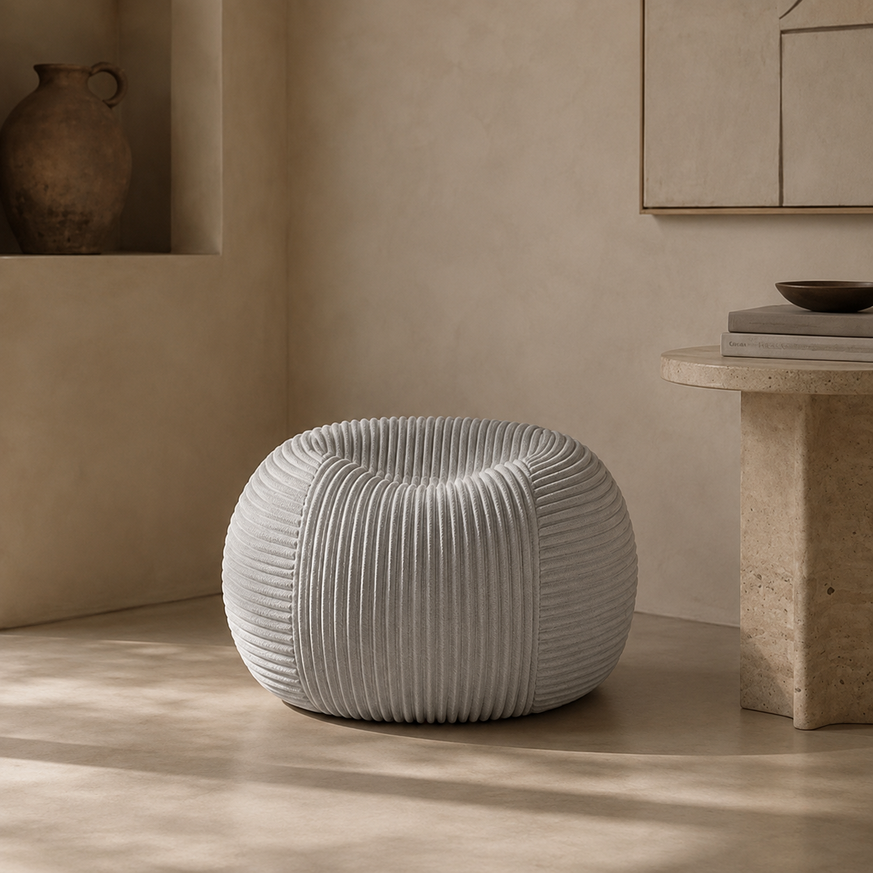 Pouf Rond Adulte en Velours Côtelé Moelleux, Fauteuil de Sol Cocooning à Mousse Mémoire de Forme pour Salon et Chambre – Le Tanu