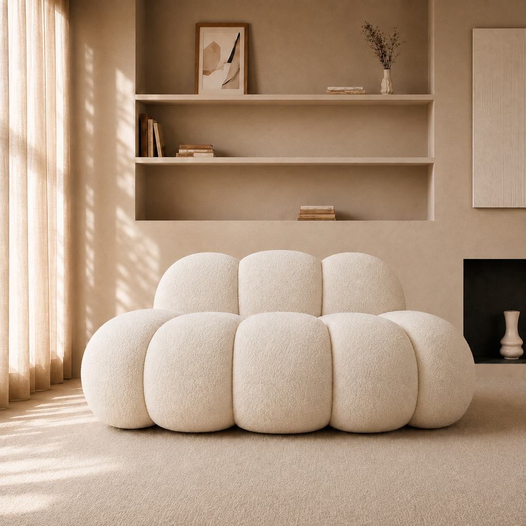 Canapé Pouf Nuage en Bouclé Épais, Assise Modulable Sculpturale Cocooning Design pour Salon – Le Awan