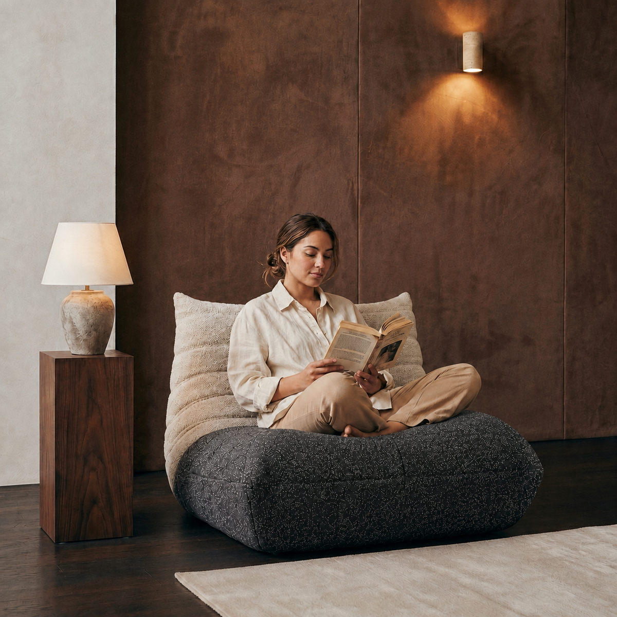 Fauteuil Pouf Géant Cocooning à Dossier Haut en Tissu Tricoté Premium, Fauteuil de Sol Design pour Salon et Chambre - Le Kori