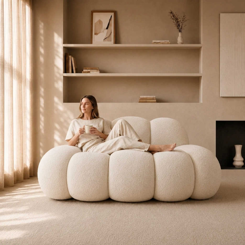 Canapé Pouf Nuage en Bouclé Épais, Assise Modulable Sculpturale Cocooning Design pour Salon – Le Awan