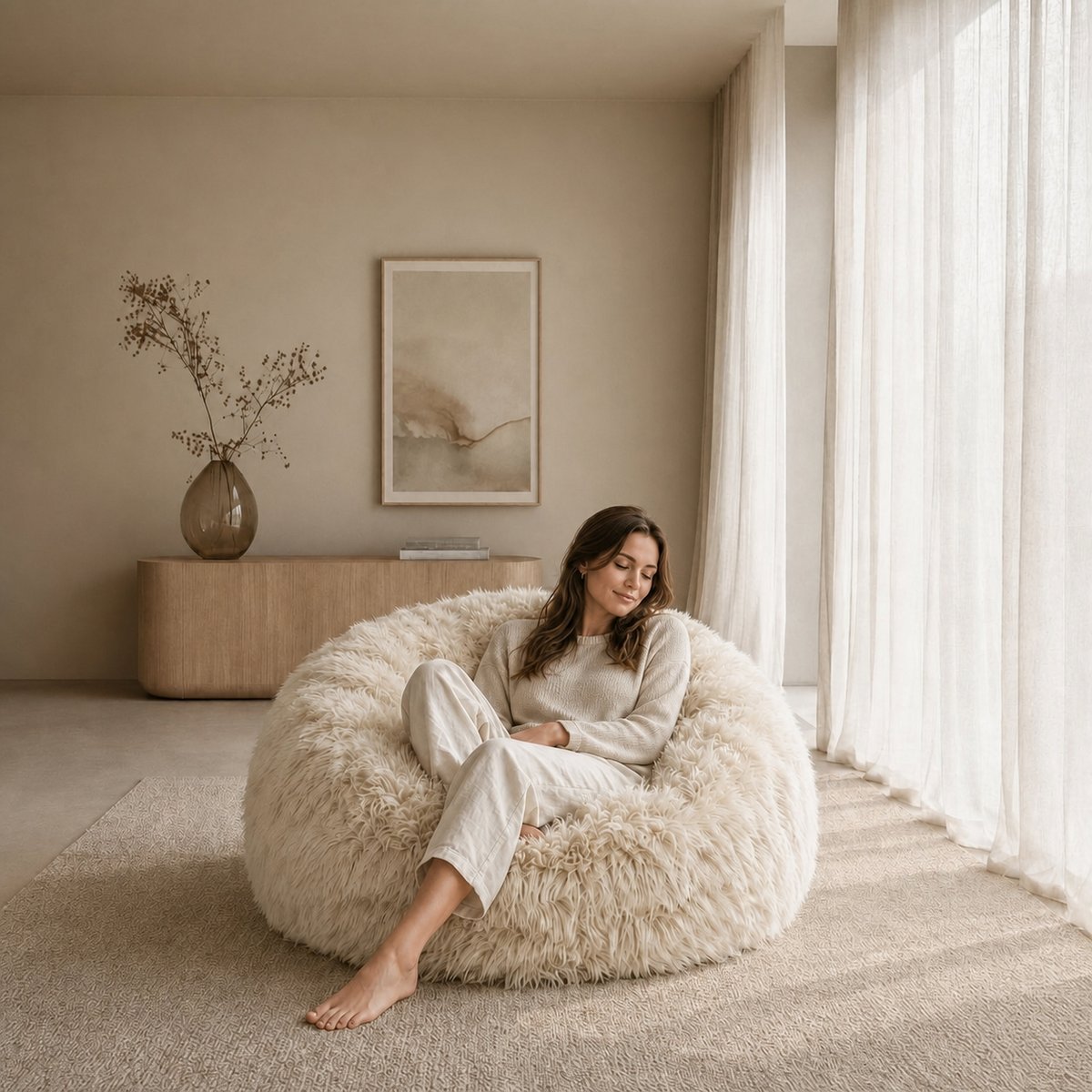 Fauteuil Pouf en Fourrure Longue Ivoire – Le Nola