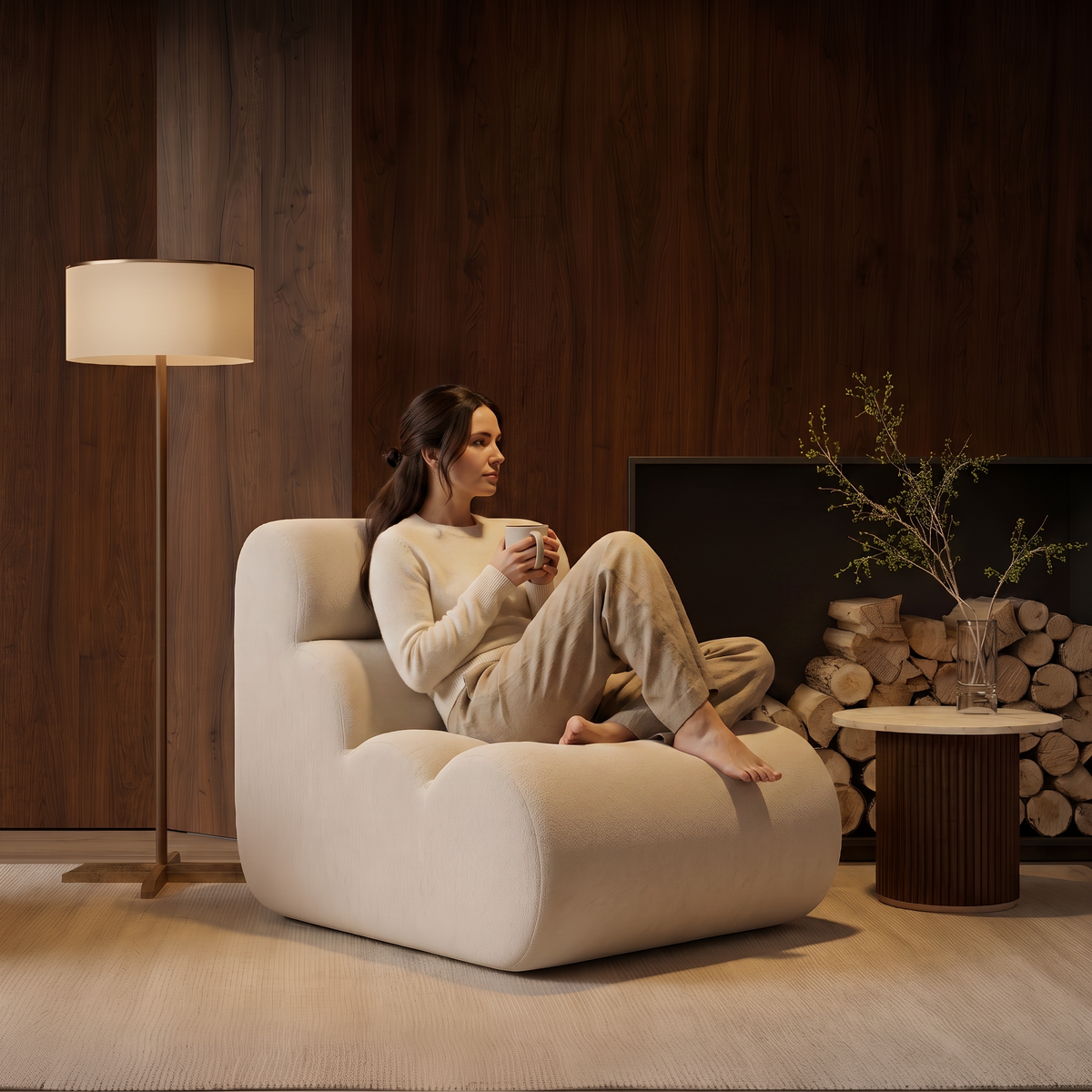 Fauteuil Pouf Adulte XL Forme Chenille, Assise Profonde Mousse 55D, Velours Bouclette, Cocooning Lecture – Le Halo