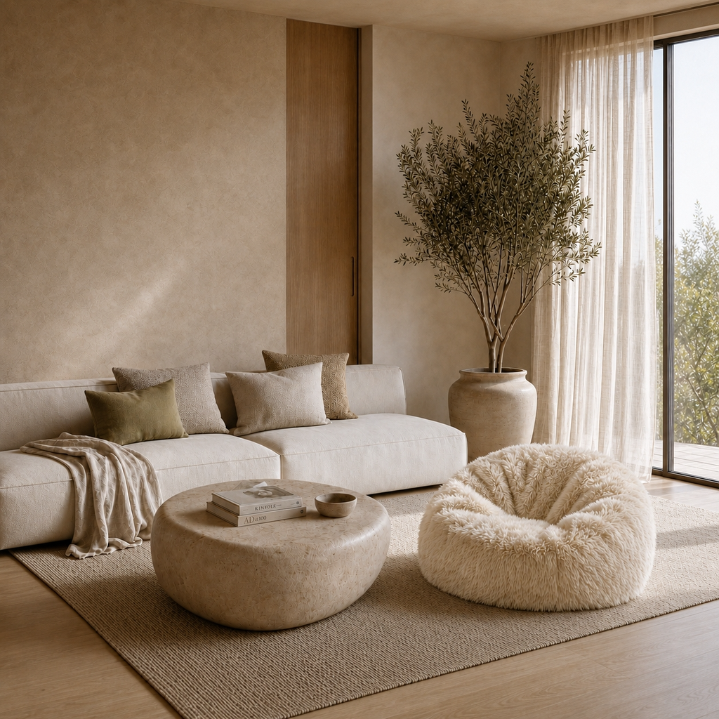 Fauteuil Pouf en Fourrure Longue Ivoire – Le Nola