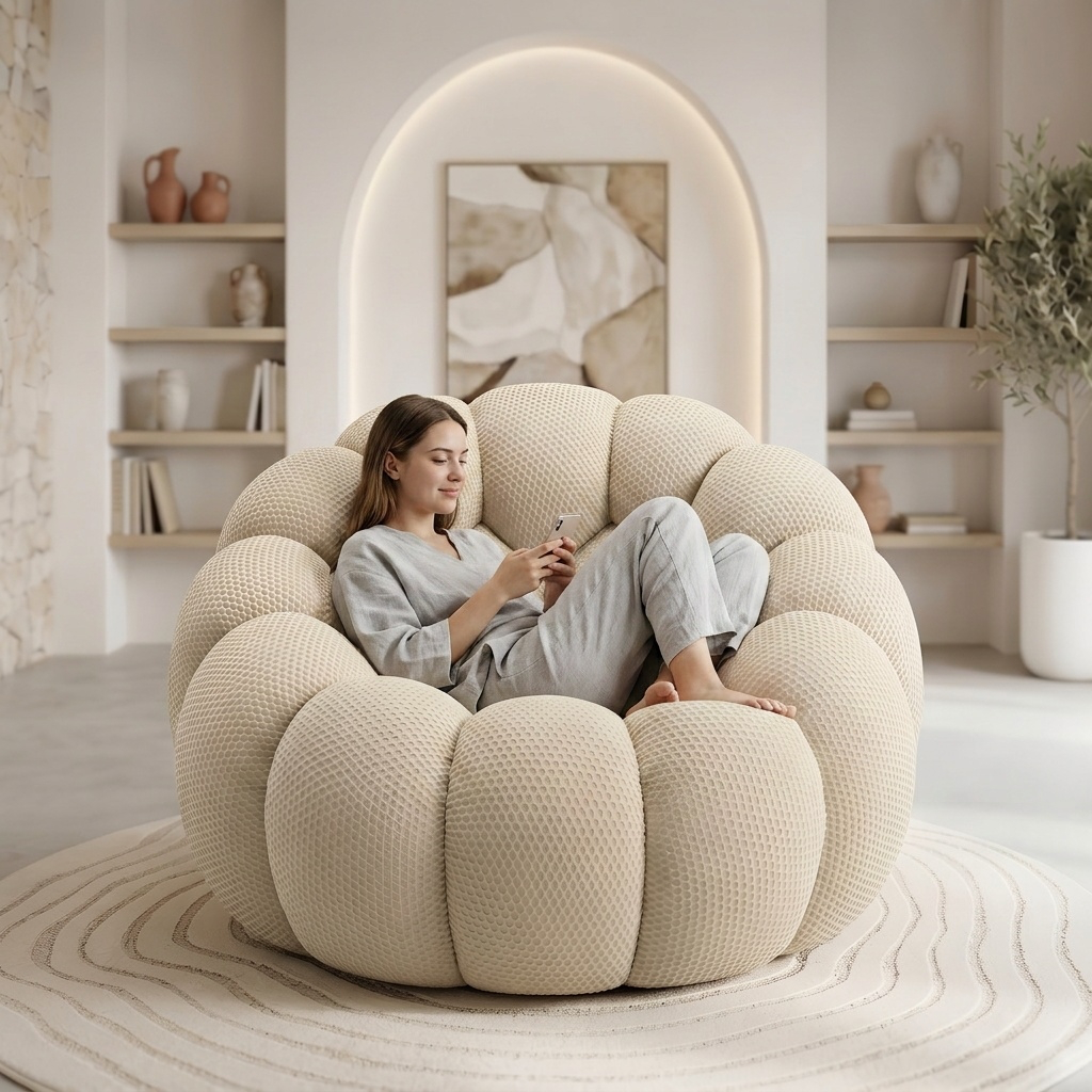Pouf Salon Adulte Design en Tissu Élastique, Fauteuil Pouf Lounge Cocooning en Mousse Moulée Monobloc pour Chambre et Bureau — Le Solen