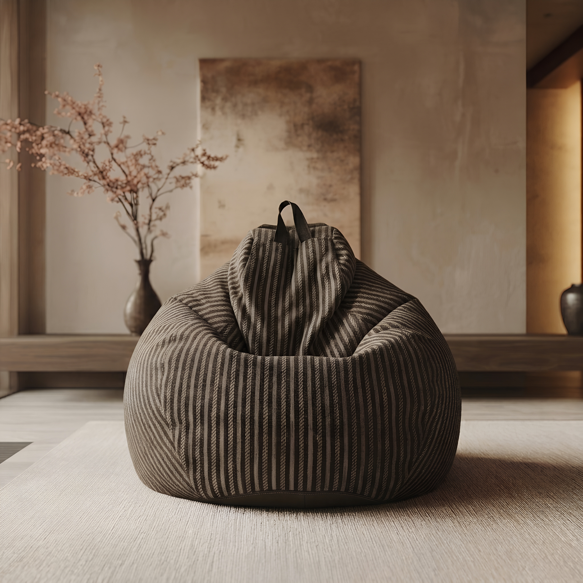 Pouf Salon Adulte Grand Format en Coton et Lin Rayé, Fauteuil Pouf Poire Lounge avec Rembourrage EPP Haute Tenue pour Chambre et Bureau — Le Vela