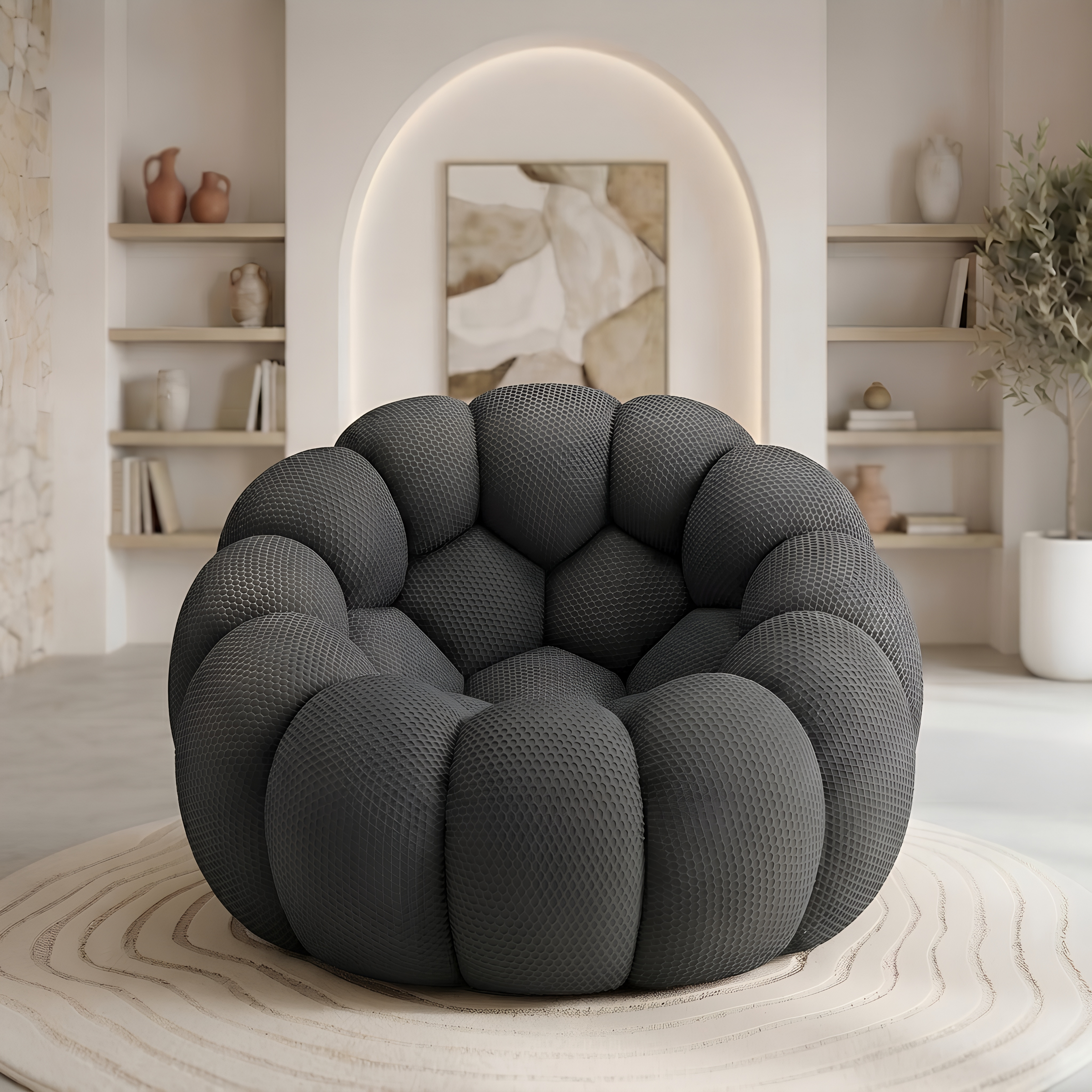 Pouf Salon Adulte Design en Tissu Élastique, Fauteuil Pouf Lounge Cocooning en Mousse Moulée Monobloc pour Chambre et Bureau — Le Solen