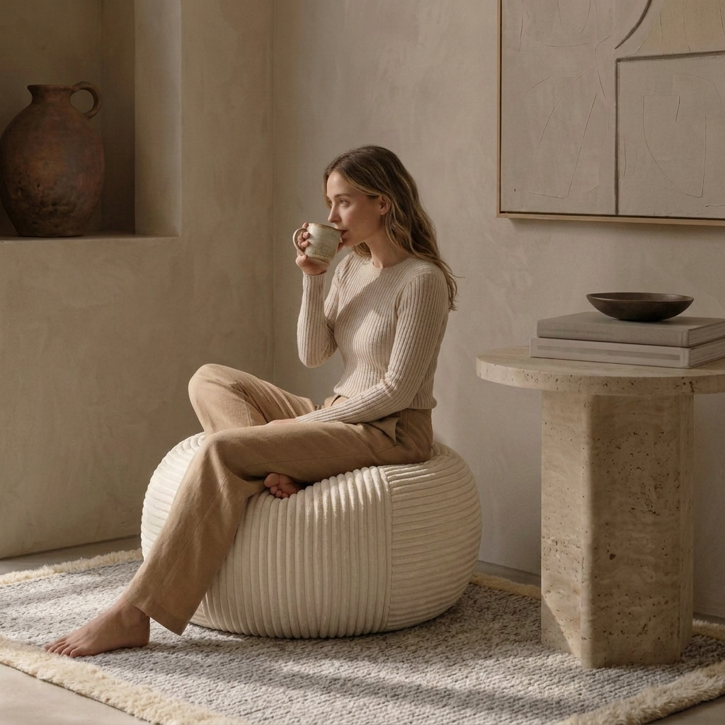 Pouf Rond Adulte en Velours Côtelé Moelleux, Fauteuil de Sol Cocooning à Mousse Mémoire de Forme pour Salon et Chambre – Le Tanu